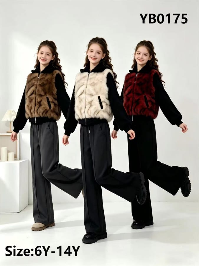 Girls' Faux Fur Vest over Top & Wide-Leg Pants — model YB0175, Winter, size 6Y-14Y — Yubei Apparel wholesale kidswear