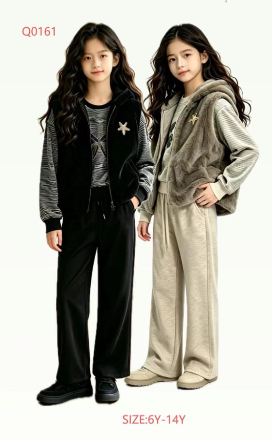Girls' Star-Embroidered Fleece Vest, Striped Tee & Pants — model Q0161, Winter, size 6Y-14Y — Yubei Apparel wholesale kidswear