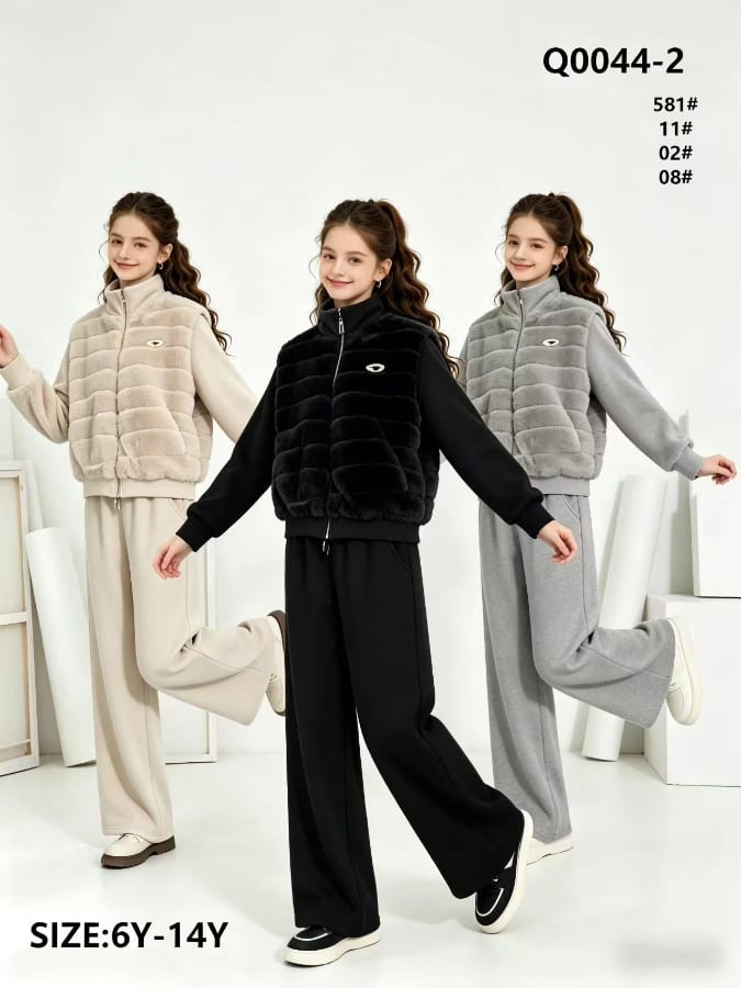 Girls' Faux Fur Vest, Long-Sleeve Top & Pants — model Q0044-2, Winter, size 6Y-14Y — Yubei Apparel wholesale kidswear