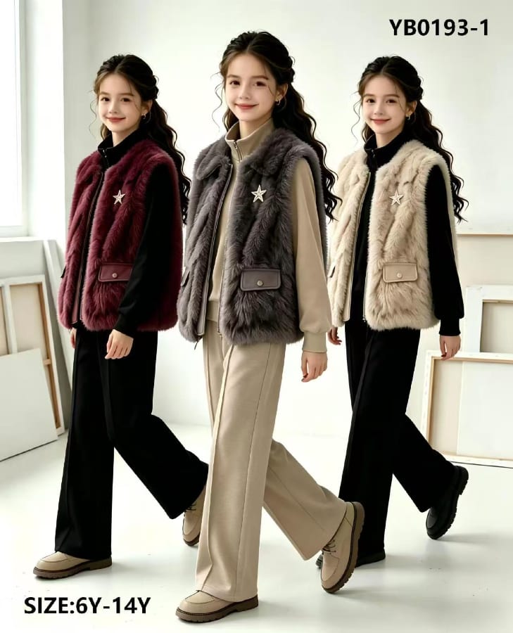 Girls' Faux Fur Vest with Pocket Flap & Pants — model YB0193-1, Winter, size 6Y-14Y — Yubei Apparel wholesale kidswear