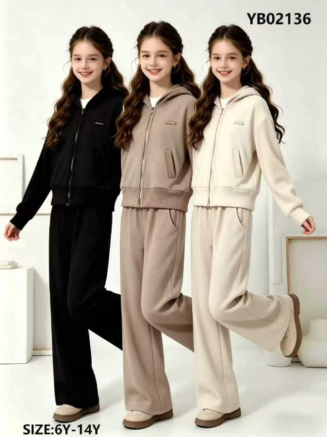 Girls' Hooded Zip Sweatshirt & Wide-Leg Pants Set — model YB02136, Winter, size 6Y-14Y — Yubei Apparel wholesale kidswear