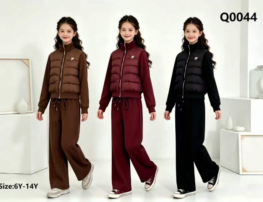Girls' Quilted Puffer Vest, Ribbed Top & Pants — model Q0044, Winter, size 6Y-14Y — Yubei Apparel wholesale kidswear