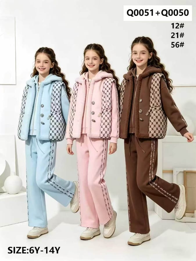 Girls' Monogram Fleece Hooded Vest 3-Piece Set — model Q0051+Q0050, Winter, size 6Y-14Y — Yubei Apparel wholesale kidswear